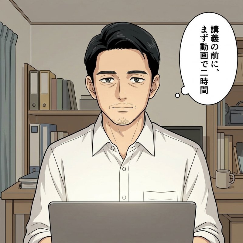 反転学習で自分の職場の話を持ち寄るダイスケ（コマ1）
